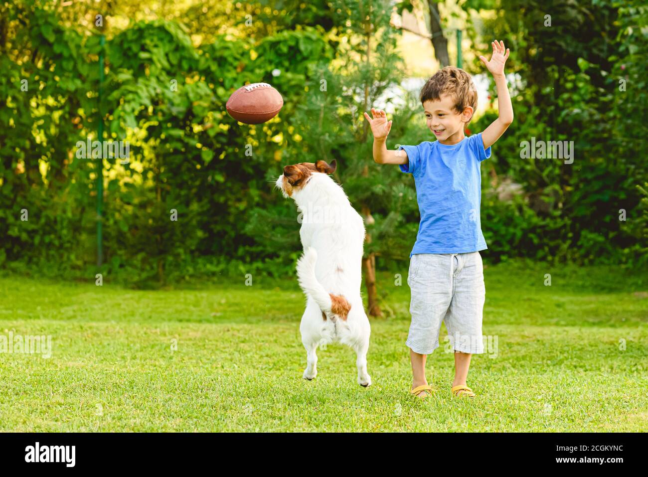 Casual rugby on backyard lawn with kid boy and his pet dog Stock Photo