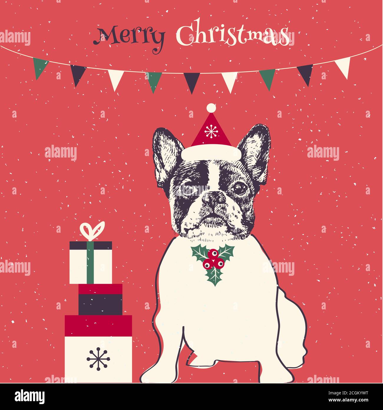 Hand drawn vector of French Bulldog. Merry Christmas card Stock Vector