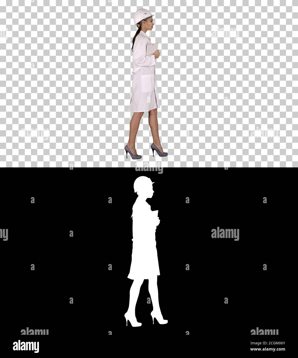 Attractive Hispanic woman in white lab coat and white safety har Stock ...