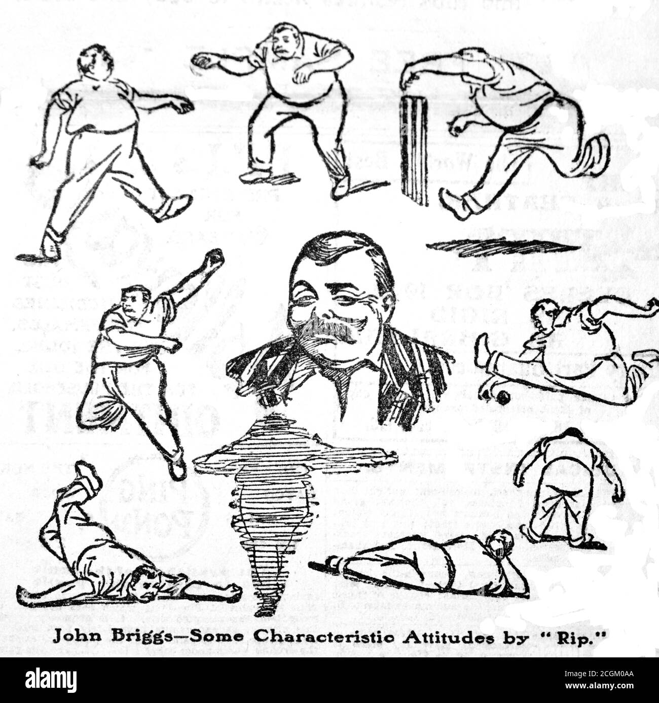 A historical contemporary newspaper cutting captioned 'John Briggs - Some characteristic attitudes by 'Pip'' showing the renowed cricketer John Briggs from the Daily Magazine of the Daily Mail, 13th January 1902, shortly after his death. Stock Photo