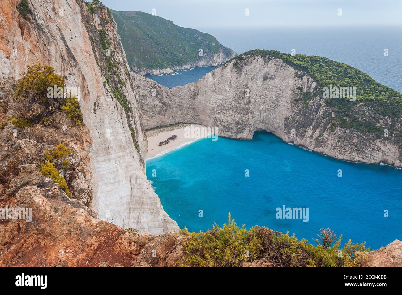 Top view of the shipwreck beach and its white limestone cliffs, Zakynthos island, Greece Stock Photo