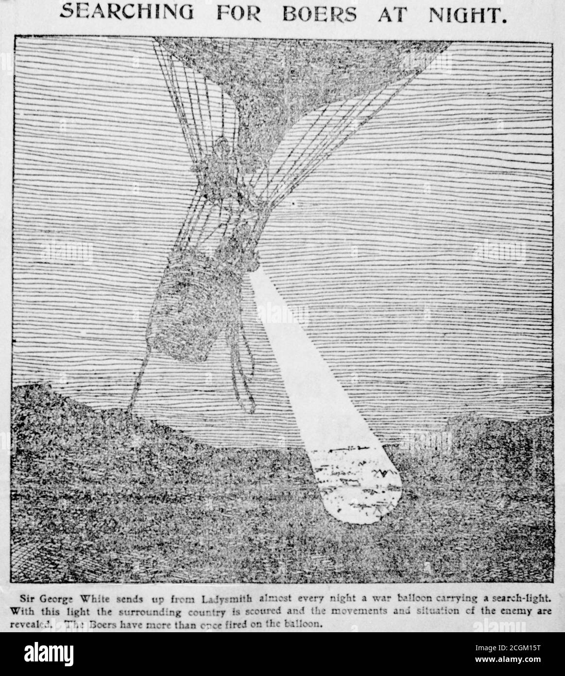 A historical contemporary newspaper cutting 'Searching for Boers at night' showing an observation balllon with a searchlight being used at the siege of Ladysmith, Natal, during the Second Boer War 1899-1902. Stock Photo