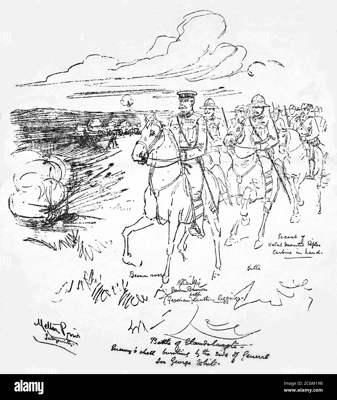 A historical contemporary newspaper cutting titled 'Mr. Melton Prior's first sketch from the front.' showing a sketch of General Roberts leading the Natal Mounted Rifles at the Battle of Elandslaagte with a field artillery battery in the background. Published in the Daily Mail on 21st November 1899, just one month after the battle. Stock Photo