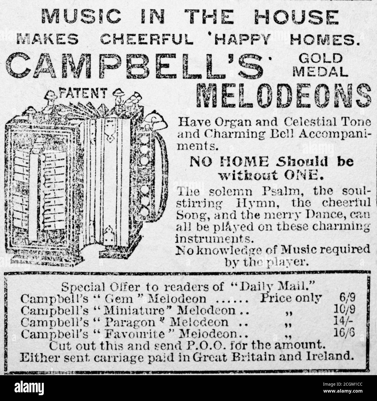 A historical newspaper cutting of an advert for Campbell's Melodeons published in the Daily Mail on 21st November 1899. Stock Photo