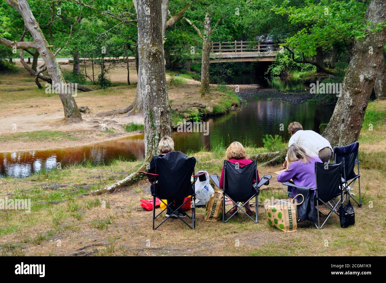 Artists sketching beneath the trees by a peaty stream in the New Forest, Hampshire, UK Stock Photo