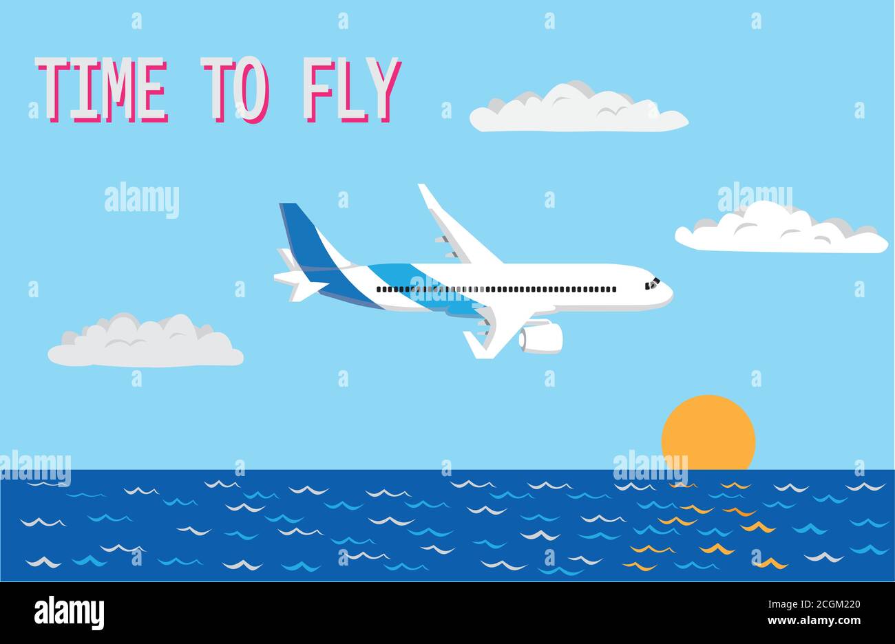 Plane flying over the sea with the sun rising over the horizon. Stock Vector