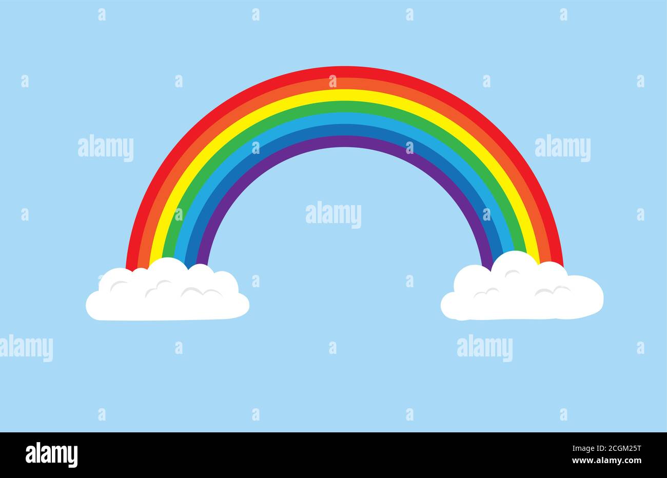Rainbow coming out of the clouds over a light blue sky Stock Vector