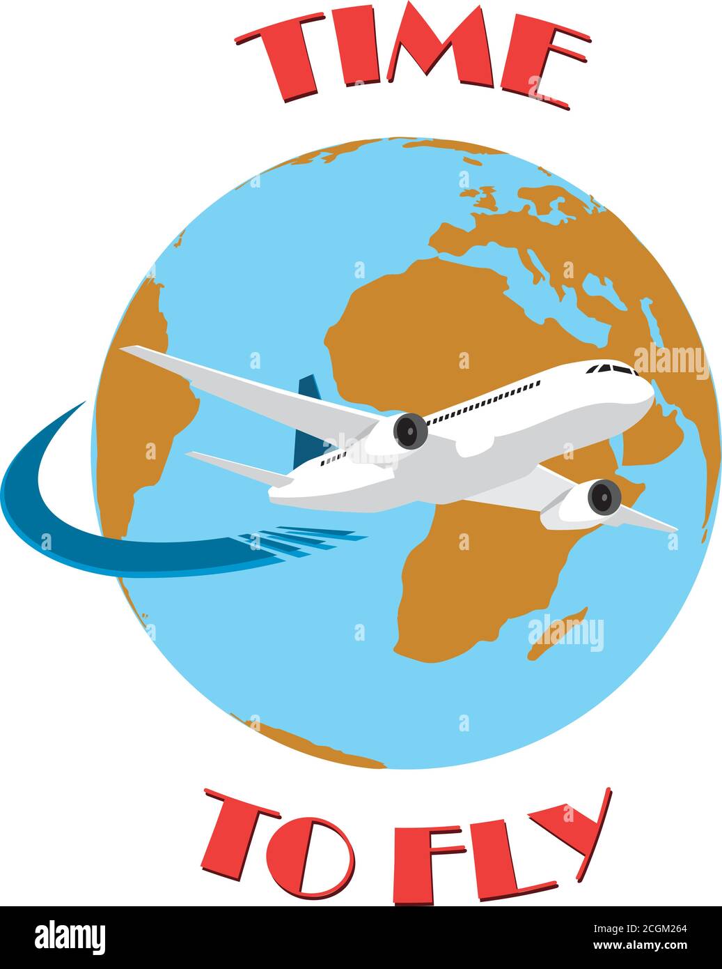 Plane flying around the world with Time to fly text. Tourism concept. Stock Vector