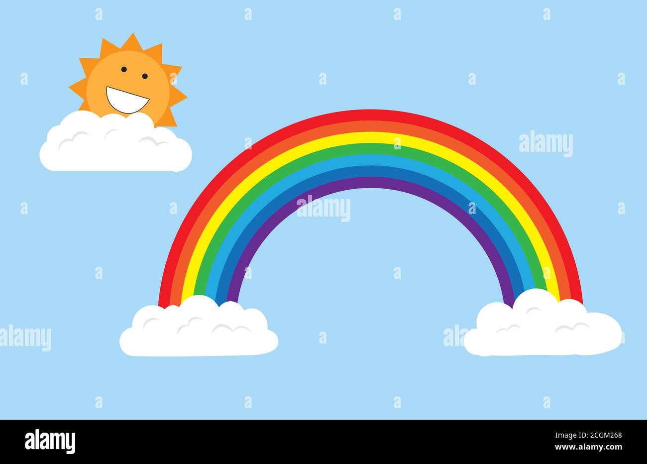 Smiling sun peeking out from behind a cloud and rainbow. Stock Vector