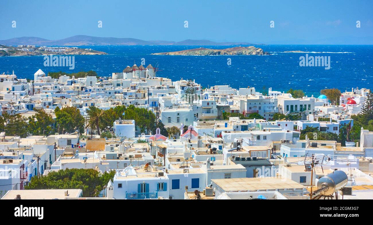 Panoramic view of Mykonos town by the sea, Greece. Greek landscape Stock Photo