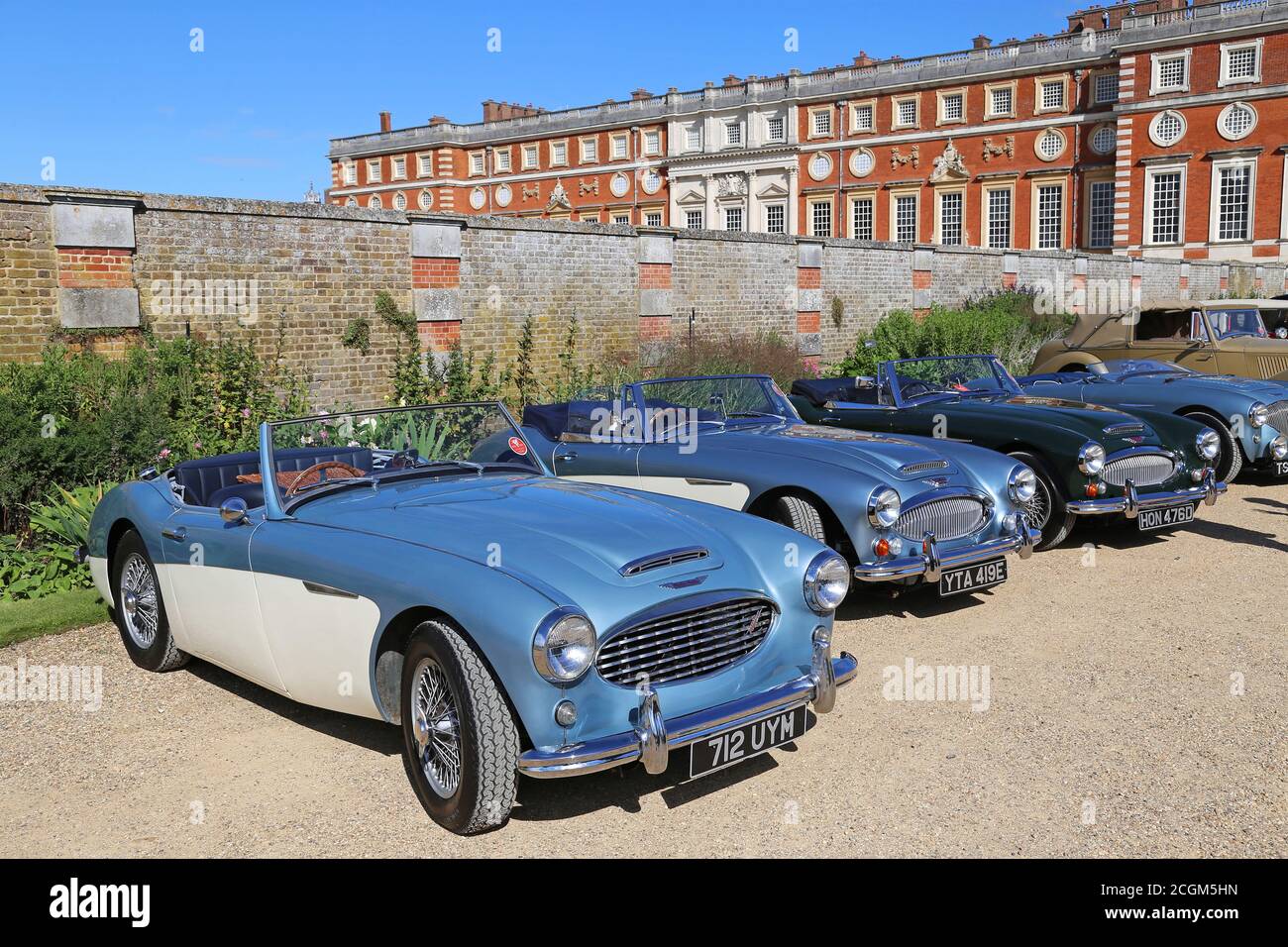 Austin-Healey 100/6 BN4 (1958) and two Austin-Healey 3000s, Car Club Displays, Concours of Elegance 2020, Hampton Court Palace, London, UK Stock Photo