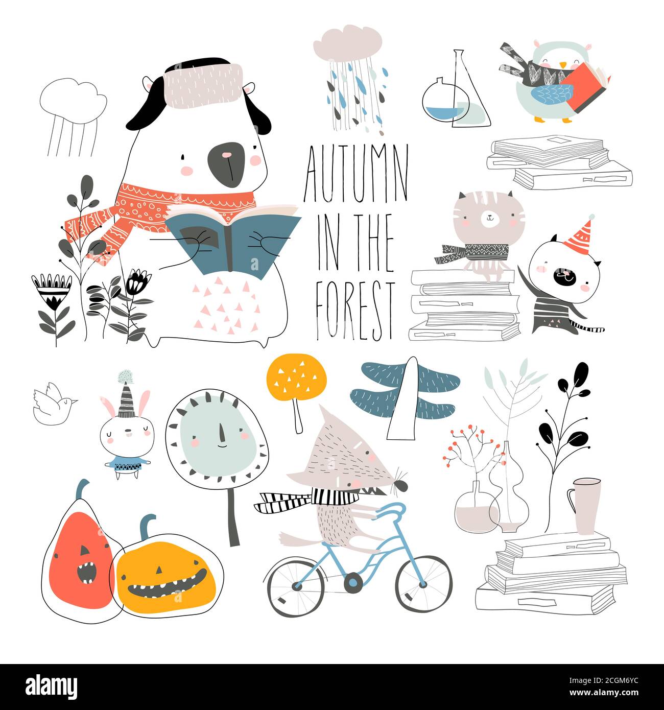 Set of cute animals with autumn elements. Hello autumn Stock Vector