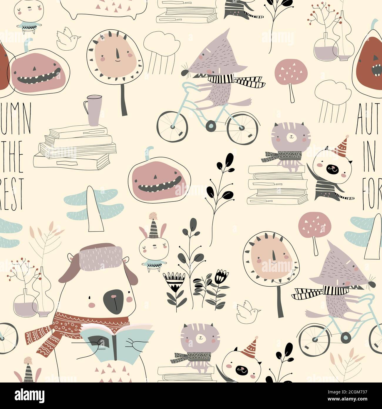 Seamless pattern with cute animals in autumn forest Stock Vector