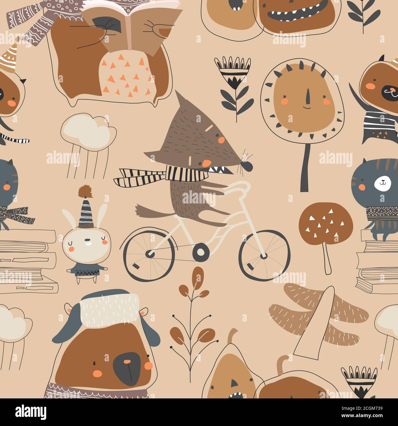 Seamless pattern with cute animals in autumn forest Stock Vector