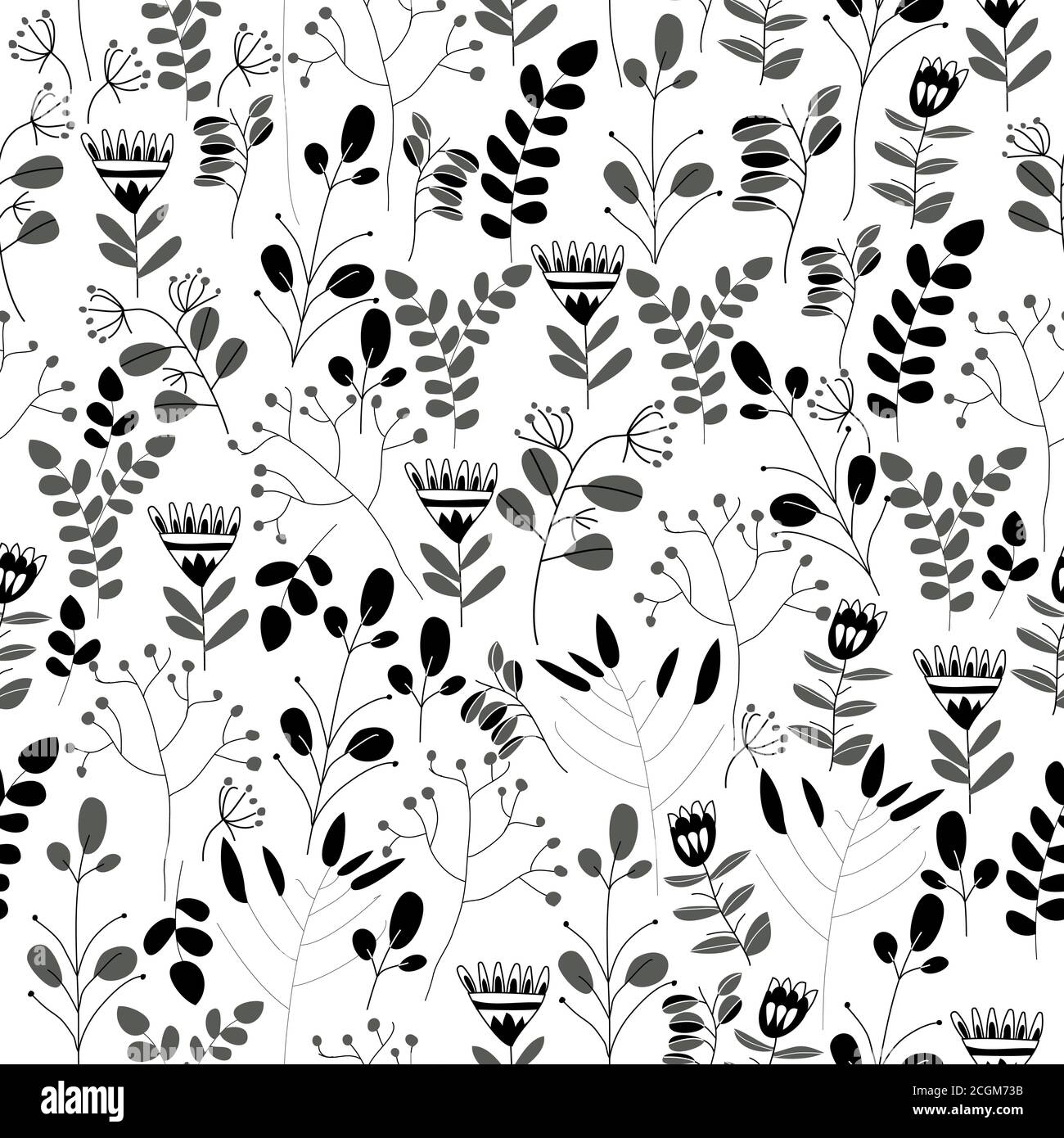 Seamless black and white floral pattern with flowers and leaves Stock ...