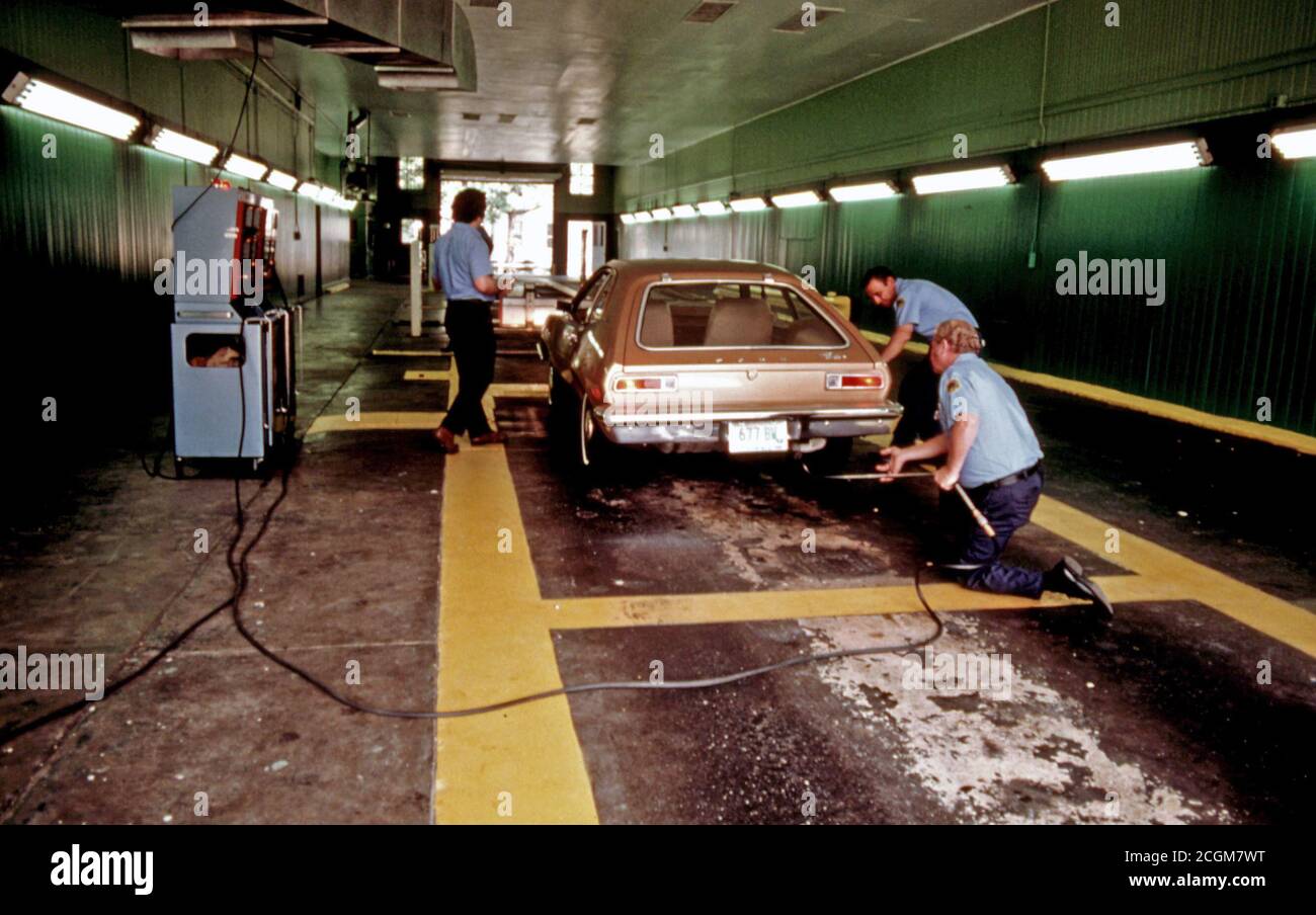 August 1975 Overall View of the Safety Lane at an Auto Emission Inspection Station in Norwood