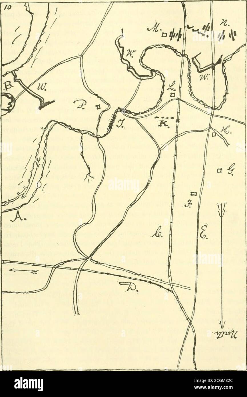 . Thirteenth regiment of New Hampshire volunteer infantry in the war of the rebellion, 1861-1865: a diary covering three years and a day . pital, and brought it home. That was in 1864. On look- DESCRIPTION OF MAP. A. Swift Creek. B. Appomattox at rebel Fort Clifton. C. R. & P. Railroad D. Walthall Branch Railroad. E. Turnpike. F. Bisby. G. Boyton. H. Arrow Field church, badly riddled in the fight, to the right of the Thirteenth, on May 9th and lOth.K. Arrow Field ; position of Thirteenth, fronting Mr. Shippens house L, and the wood-road along the north side of the creek to ford at T.M. Dunlop. Stock Photo
