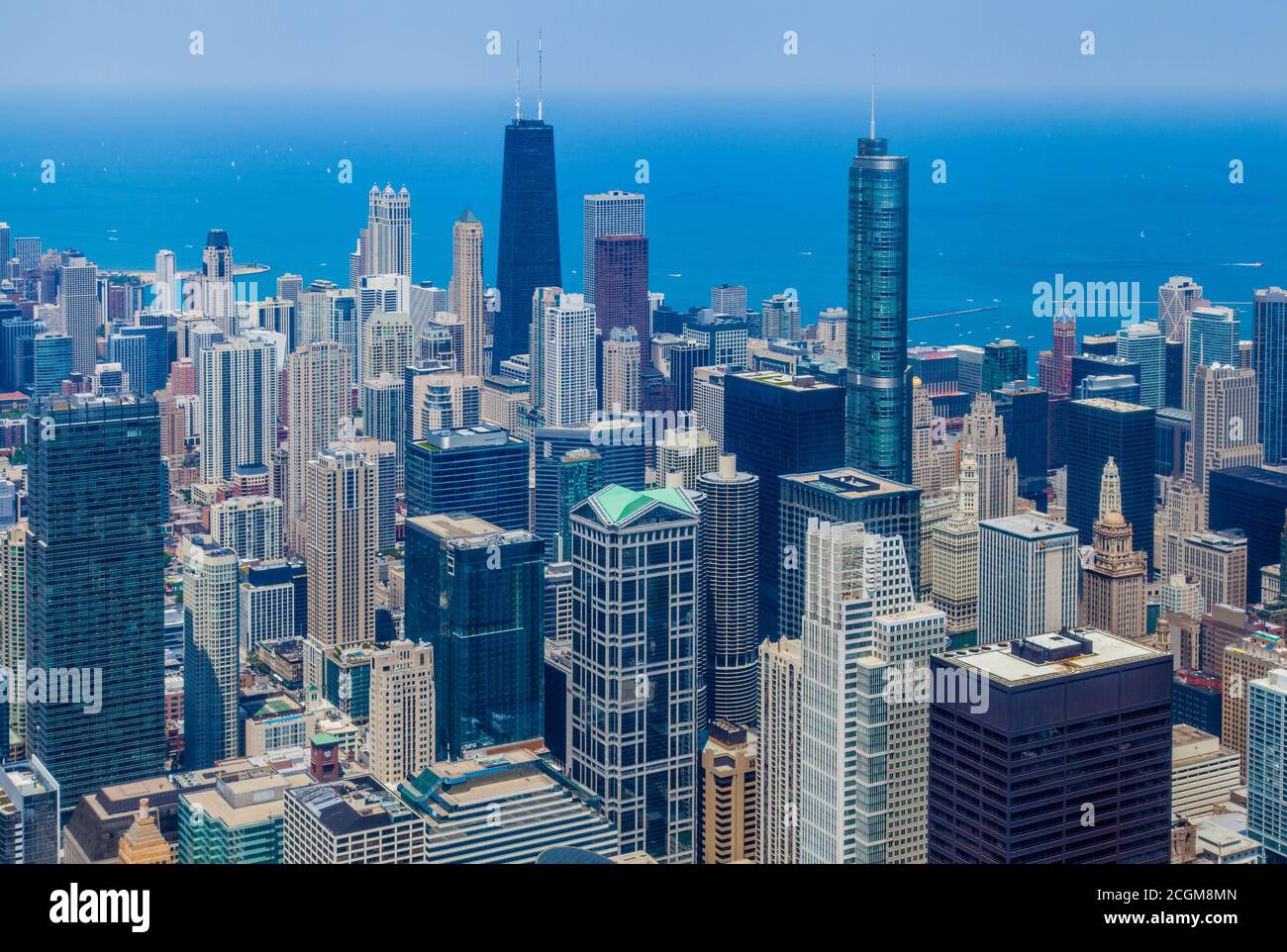 Aerial view of the Chicago city skyline overlooking Lake Michigan Stock Photo