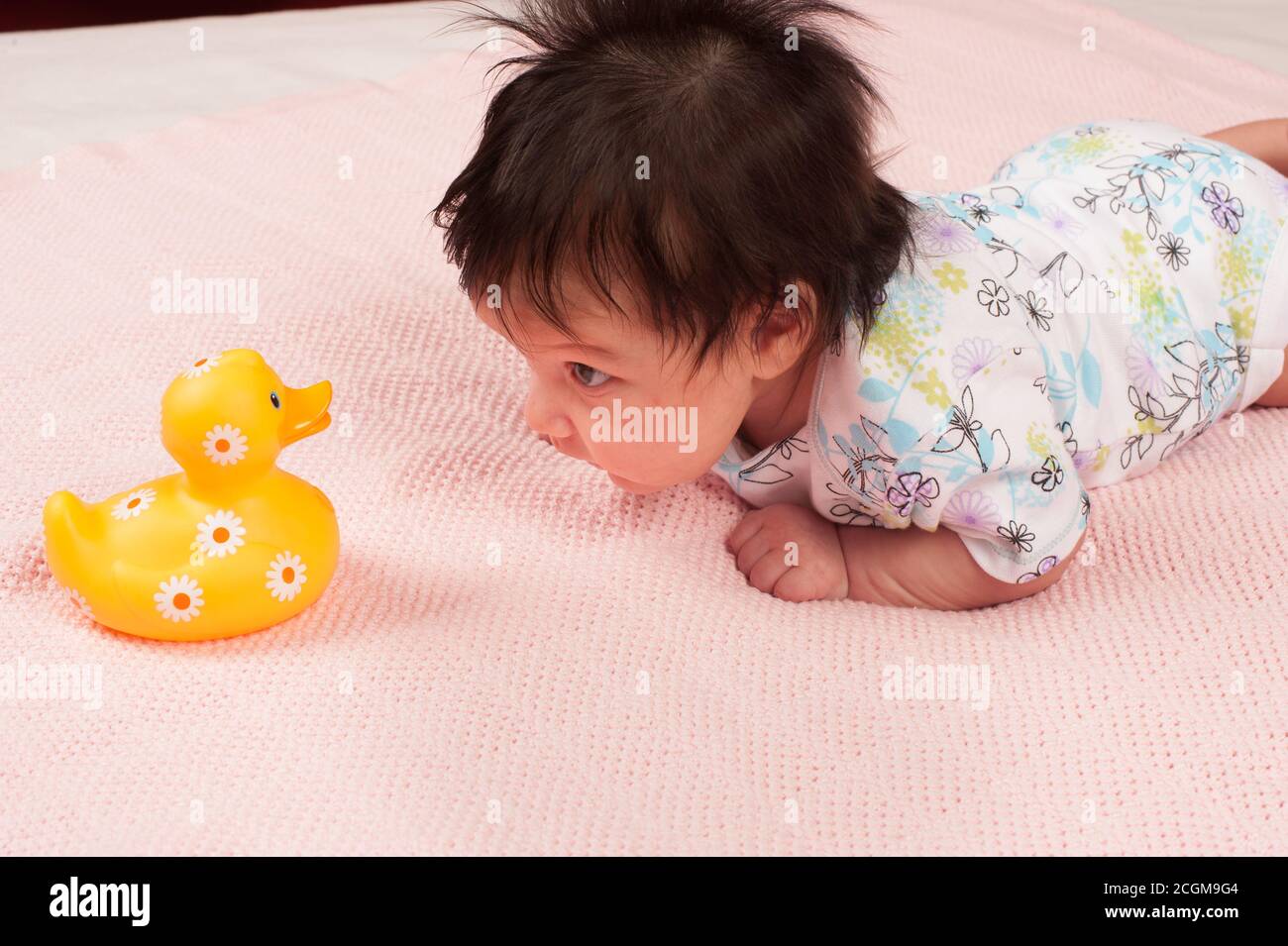 newborn baby girl one month old on stomach holding head up to look at yellow duck toy Stock