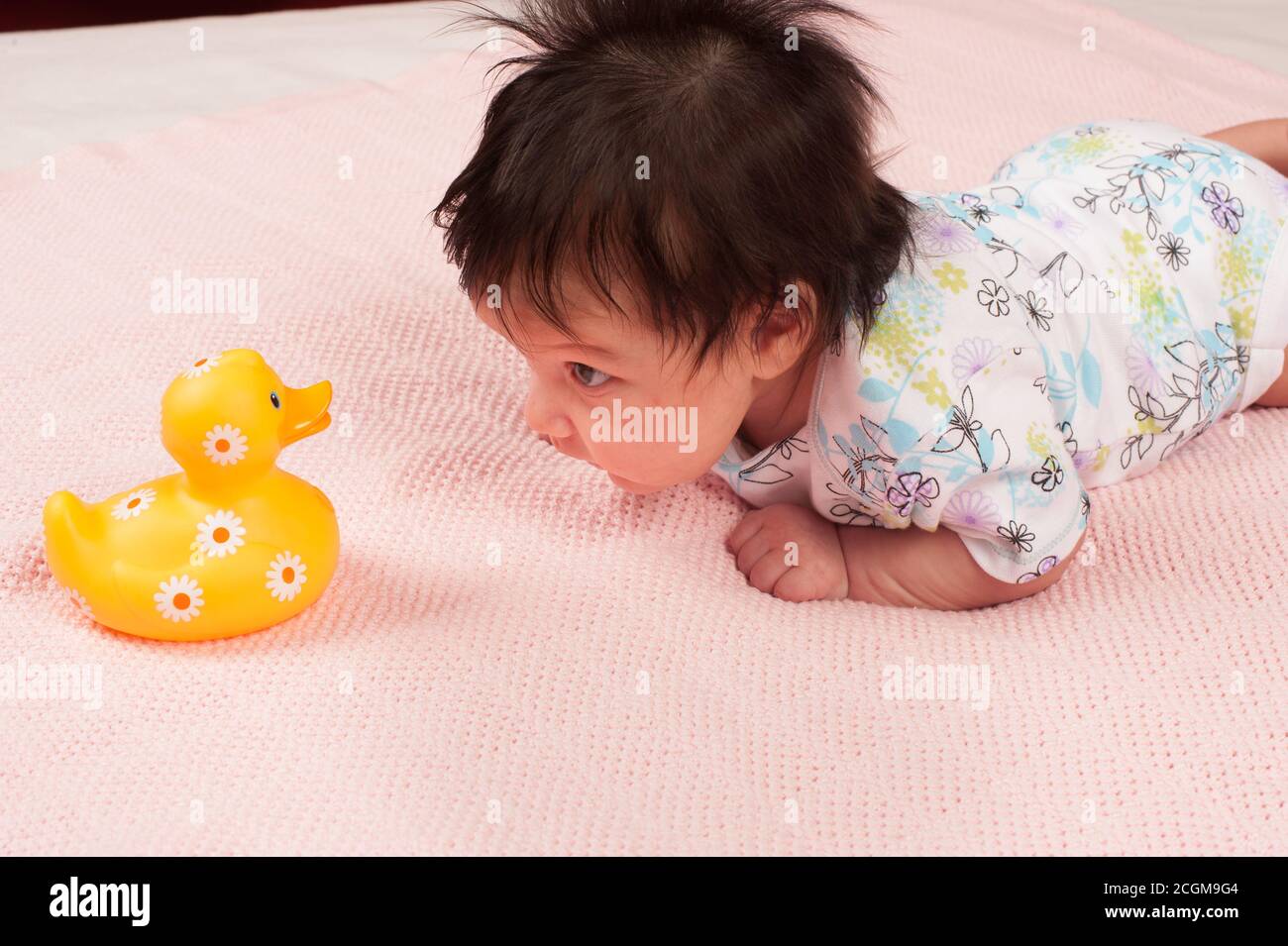 newborn baby girl one month old on stomach holding head up to look at yellow duck toy Stock Photo