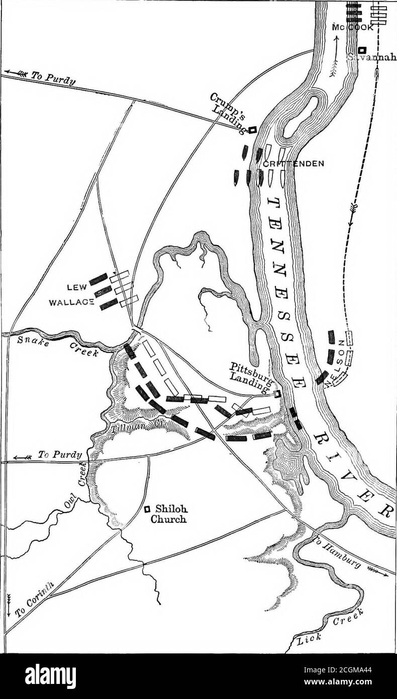 . The Mississippi Valley in the Civil War . shed it back, dis-ordered and partially crumbled. These eventsleft the remaining Federal force in that part ofthe field, consisting of the remnants of Wallacesand Prentisss divisions, with both wings in theCapture of air. Thus a little before six oclockPrentiss. about six regiments, numbering over 2200 men, were encompassed and captured by theenemy. Prentiss was taken prisoner, and Wal-lace received a mortal wound. This great success for the Confederates was farfrom being an unmixed success, for the sending ofso many captives to the rear entailed fur Stock Photo