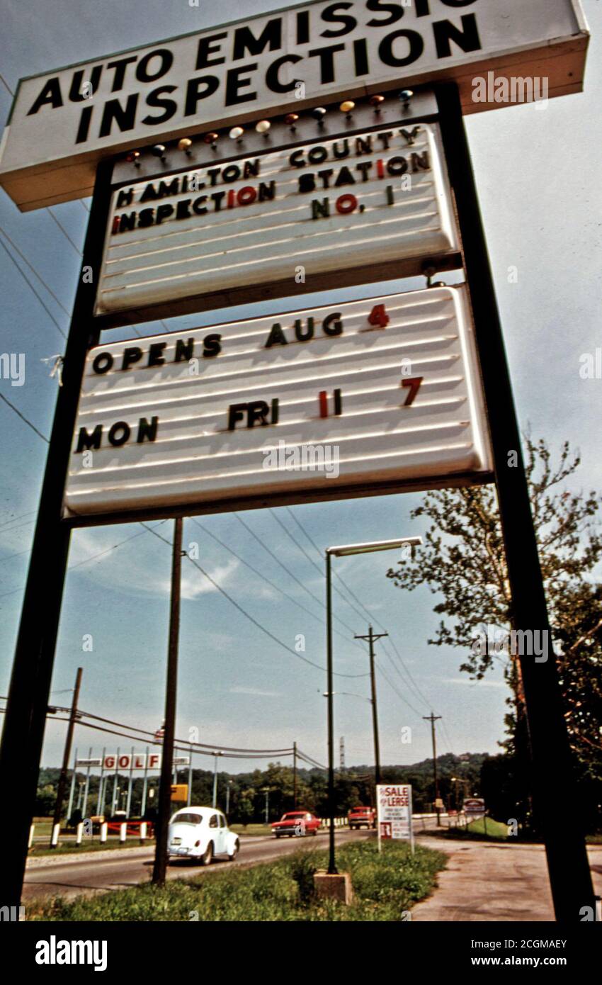 Hamilton County Auto Emission Inspection Station Sign in the Village of Newtown, Ohio...08/1975