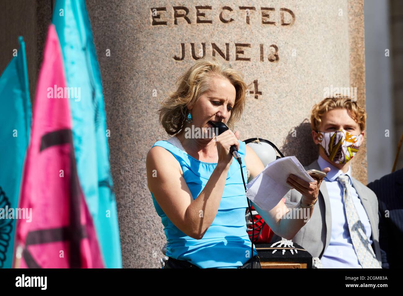 London, UK. - 10 Sept 2020: Gail Bradbrook, Extinction Rebellion co-founder, speaking at a protest by the group at Bank in the City of London. Stock Photo