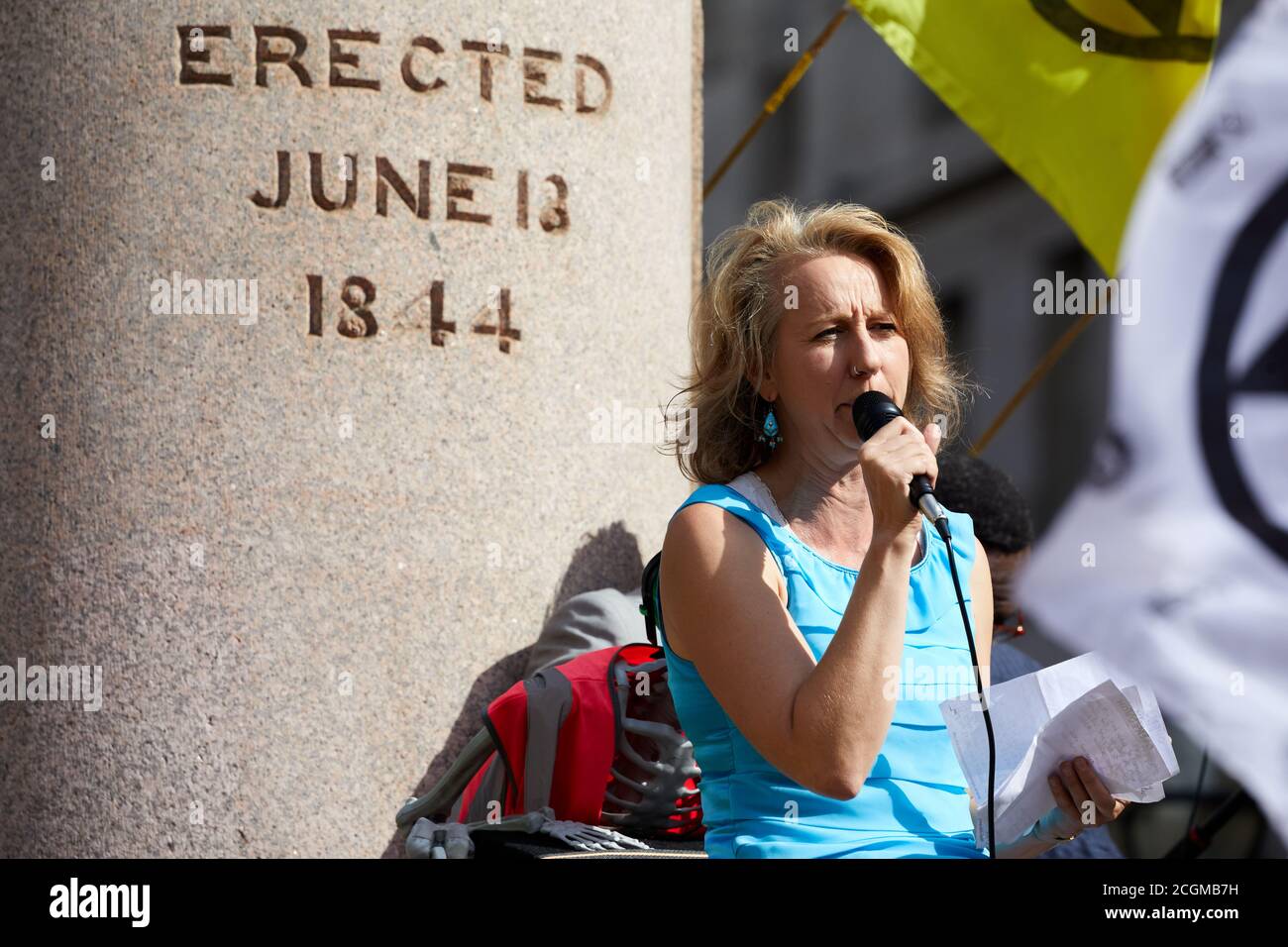 London, UK. - 10 Sept 2020: Gail Bradbrook, Extinction Rebellion co-founder, speaking at a protest by the group at Bank in the City of London. Stock Photo