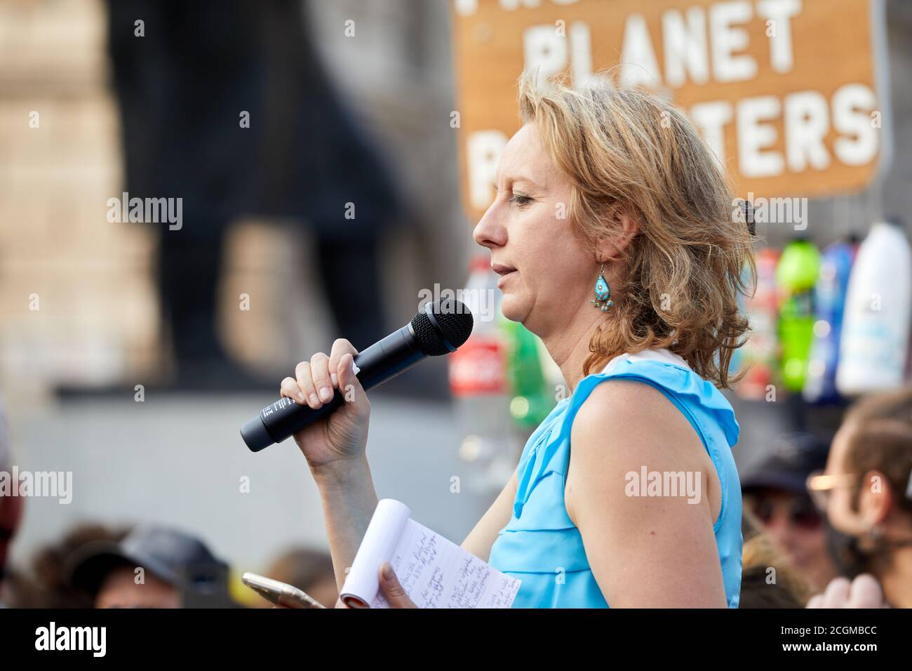 London, UK. - 10 Sept 2020: Gail Bradbrook, Extinction Rebellion co-founder, speaking at a protest by the group in Parliament Square. Stock Photo
