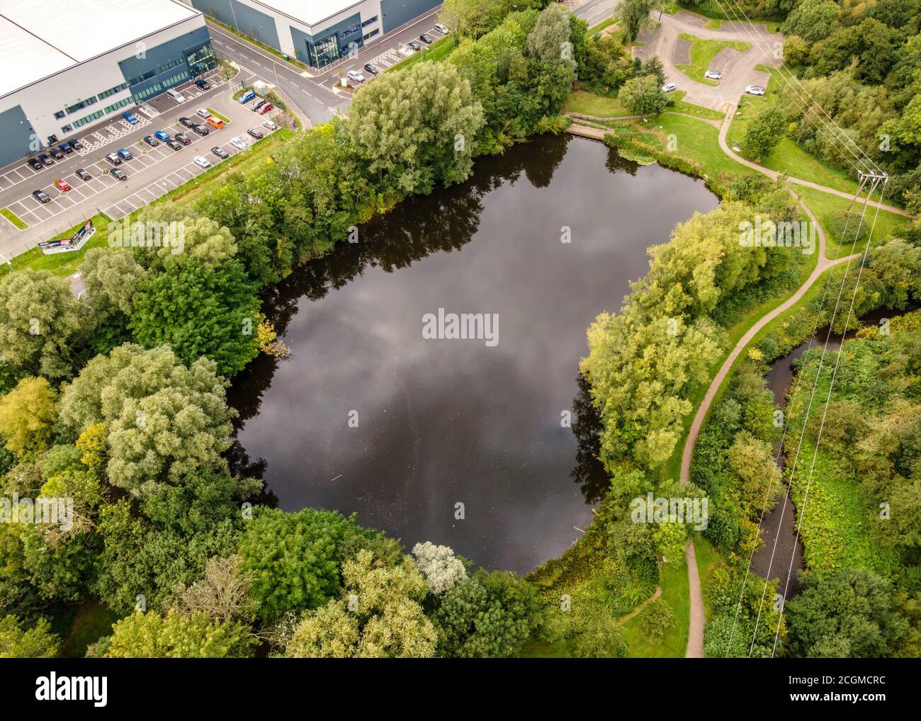 Ipsley Mill Pond, Manmade Lake in Redditch, Worcestershire, aerial photo. Stock Photo