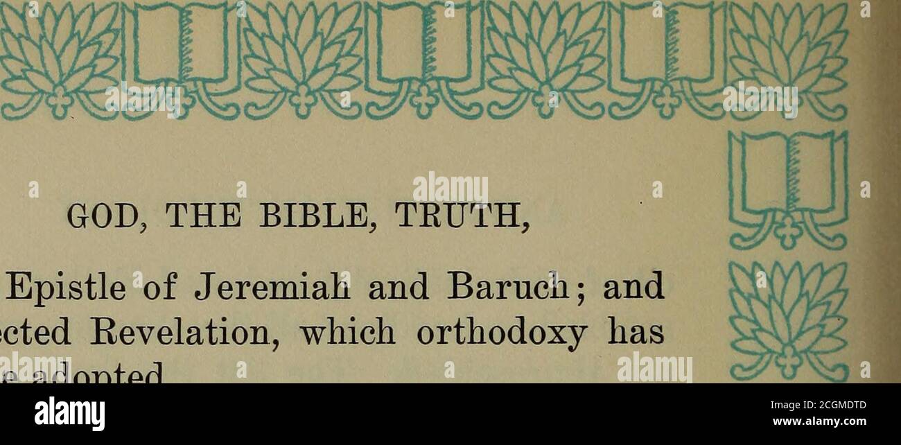 . God, the Bible, truth and Christian theology . GOD, THE BIBLE, TRUTH, tlie Epistle of Jeremiah and Baruch; andrejected Eevelation, which orthodoxy hassince adopted. When Eevelation was dropped Athanas-ins of Alexandria, who was not on goodterms with the Bishops of the churches atLaodicea, compiled his own list, and in-cluded Eevelation and rejected the Bookof Esther, Jeremiah and Baruch. His list,he said, was composed of Godly workswhich none should alter. Bishop Amphilochius rejected The Bookof Esther and questioned several others,which he said were thought spurious. All this shows that eve Stock Photo