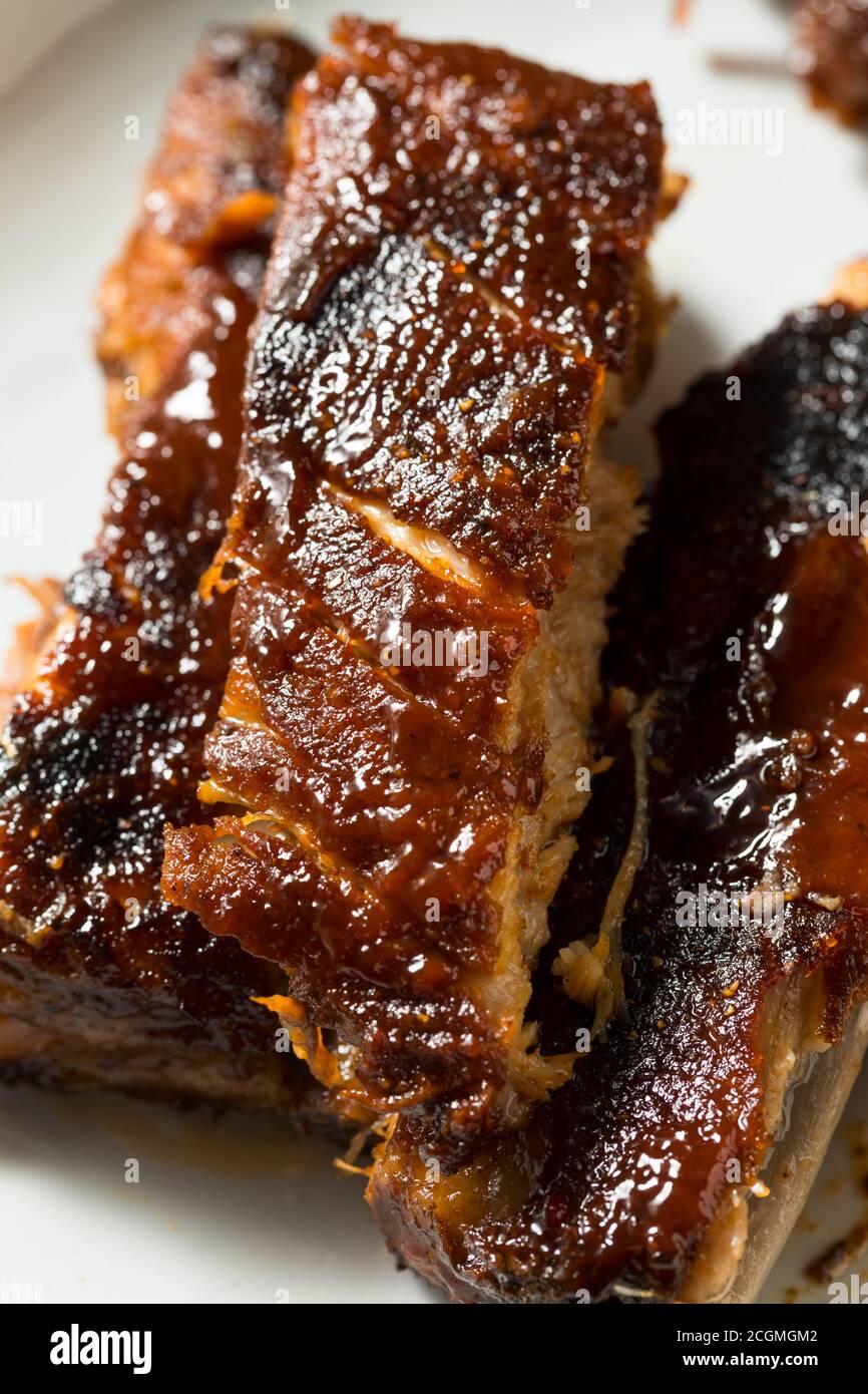 Homemade Smoked St Louis Style Spare Ribs with BBQ Sauce Stock Photo