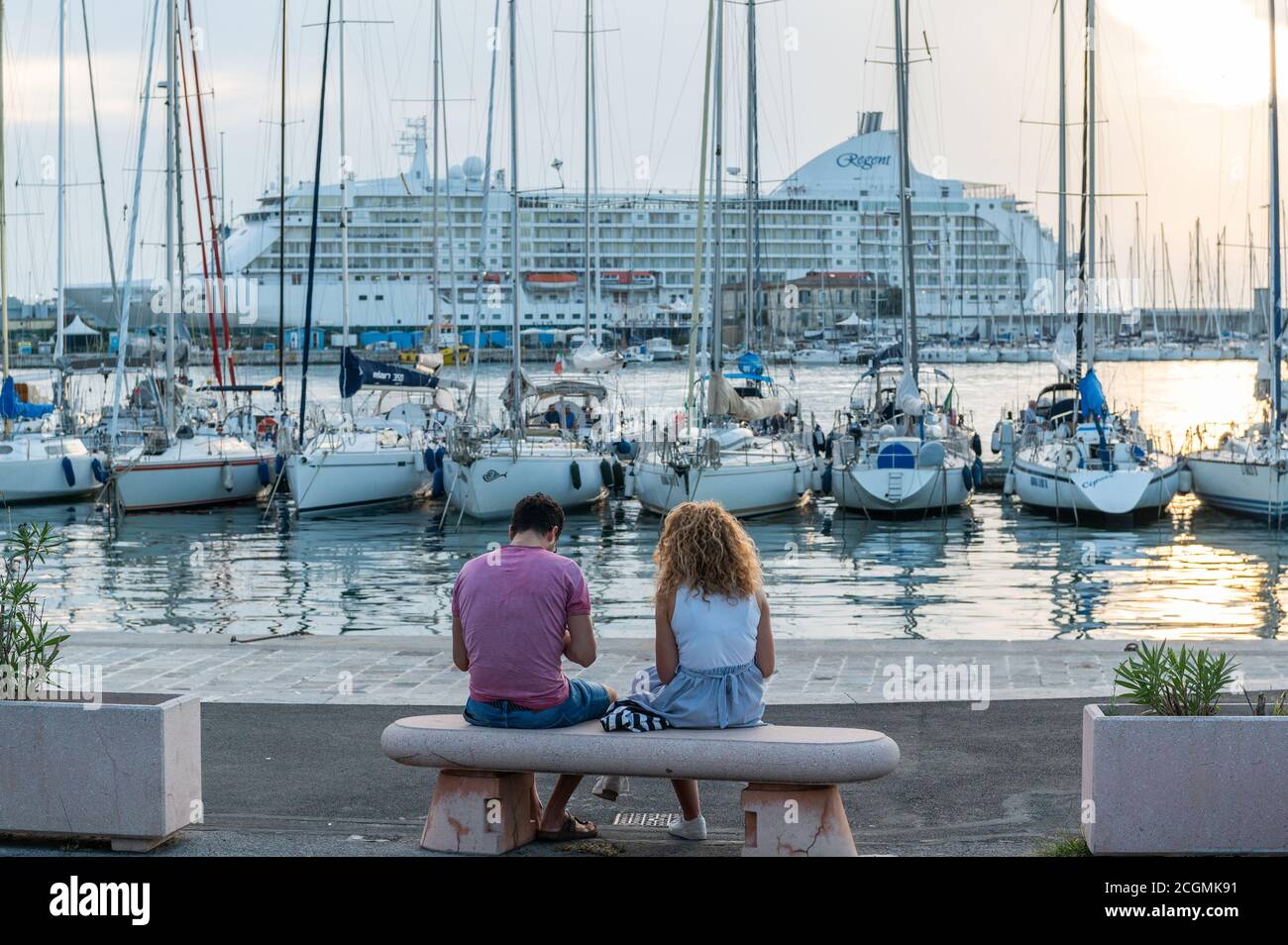 sailing boats and cruise ships at port of Livorno, Tuscany, Italy Stock Photo