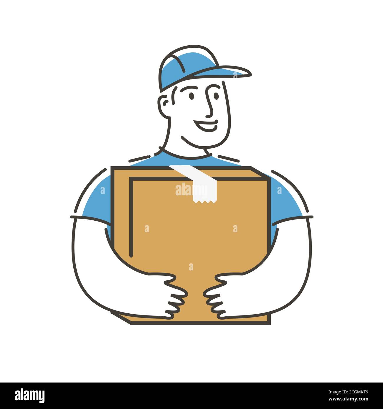 Delivery service man with box logo. Postman, moving symbol Stock Vector