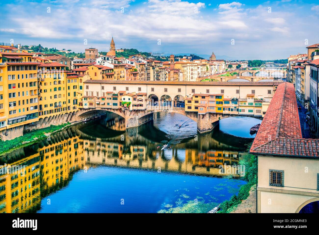 Aerial view of the city of Florence and the Ponte Vecchio, a medieval bridge over the river Arno Stock Photo