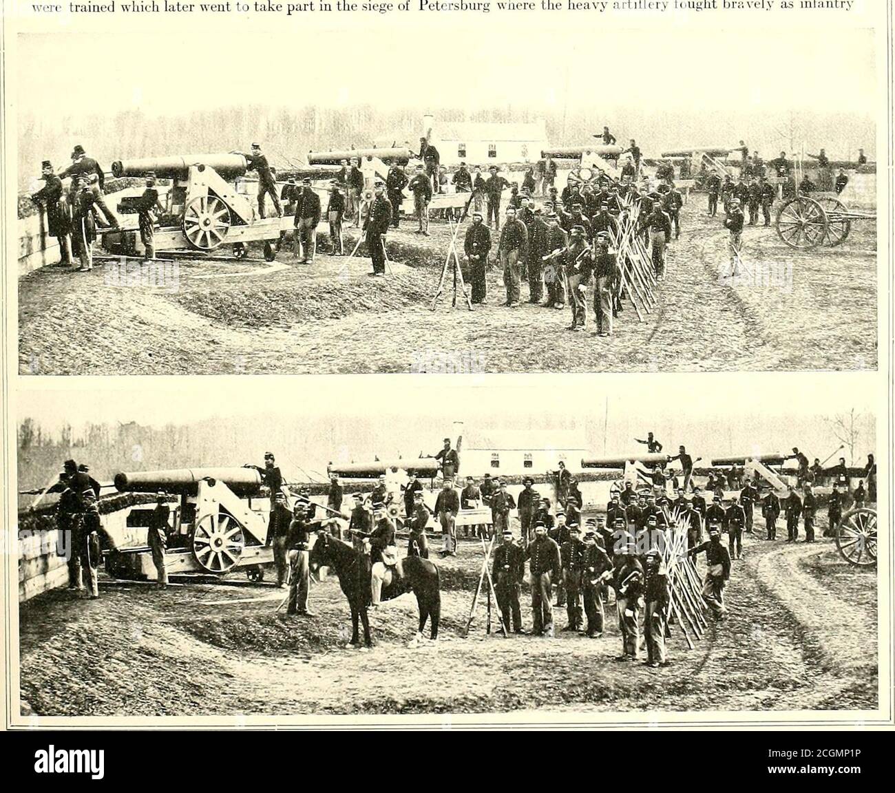 . The photographic history of the Civil War : in ten volumes . INSIDE FORT TOTTEX—THREE SHIFTING SCENES IN A BIG-GUN DRILL Constant drill at the guns went on in the defenses of Washington throughout the war. At its close in April, 1865, therewere 68 enclosed forts and batteries, whose aggregate perimeter was thirteen miles, 807 guns and 98 mortars mounted, andemplacements for 1,120 guns, ninety-three unarmed batteries for field-guns, 35,711 yards of rifle-trenches, and three block-houses encircling the Northern capital. The entire extent of front of the lines was thirty-seven miles; and thirty Stock Photo