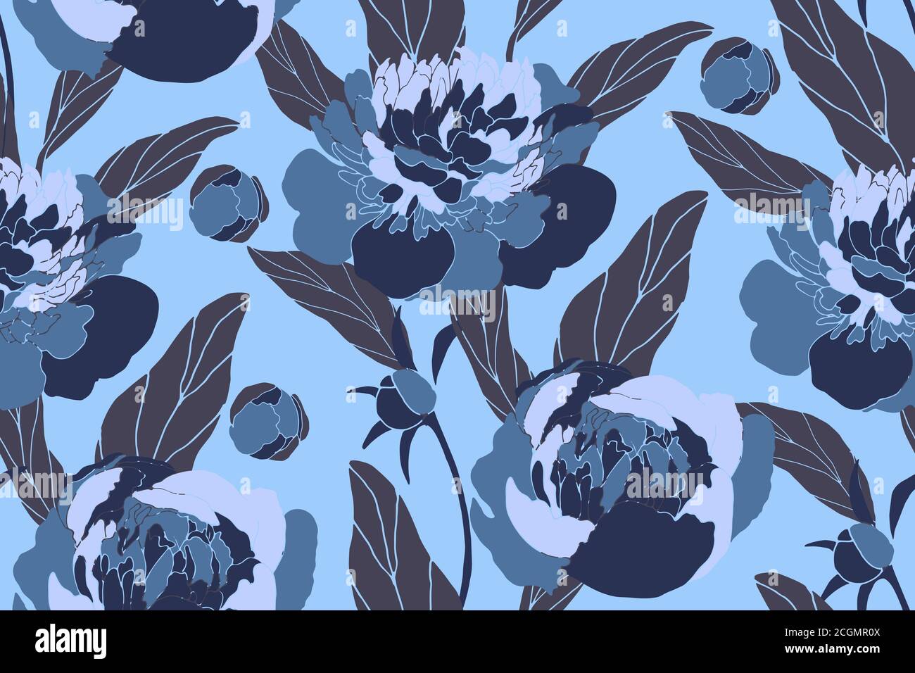 Vector floral seamless pattern. Blue peonies, buds, brown leaves. Stock Vector