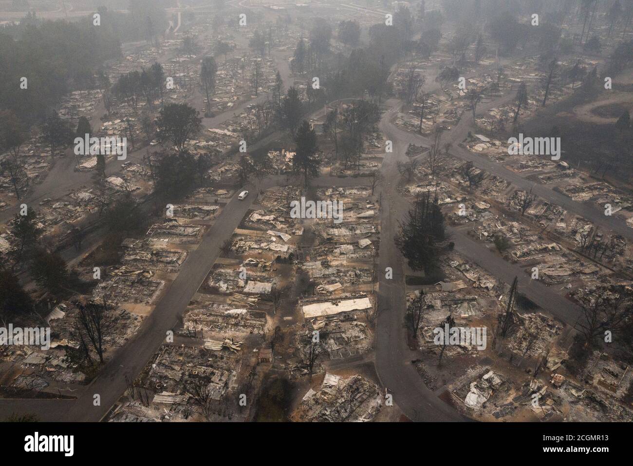 The gutted Medford Estates neighborhood is seen in the aftermath of the Almeda fire in Medford, Oregon, U.S., September 11, 2020. Image taken with a drone. REUTERS/Adrees Latif Stock Photo