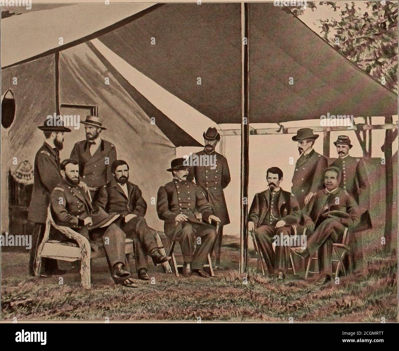 . The American civil war book and Grant album, 'art immortelles' . HEADQUARTERS — ARMY OF THE POTOMAC — GENERAL GRANT AND STAFF. At Ciiy Point, Va , August, 1864. lkginning nt the left as follows: 1. —I.t.-Col. Adam Bade.ni. 2. —Gen.U.S.Grant. 8. — Lt.-Col. Cyrns B.Comstock. 1.— Brig.-Gen John A.Rawlins, o.— Lt.-Col. Wm. L. Duff.6. — Lt.-Col. Frederick T. Dent. 7. — Lt.-Col. Horace Porter. 8. — Lt.-Col. Orville K. Babcock. 9. —Lt.-Col. Ely S. Parker. 10.—Capt. Henry C. RobinetL Stock Photo