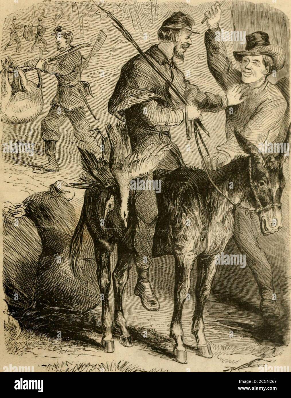 . Incidents of the Civil War in America . al. The illus-tration oppostte intelligibly sets forth the exploits of the soldiers; one mountedon a well-laden donkey who has docility portrayed in his demure countenance,the other alongside having been paying a visit to the poultry-yard of the rebelfarmer. In war, might constitutes right. The boys are elated at theirsuccess, and if we may judge from the hilarity and good nature which is so ! I m: I l II. W K IN A.MKKK . 0 faithfully illustrated in the sketch, wo may be fully assured iliai tli. prospa Iof dining on the fruits of their legalized poa Stock Photo