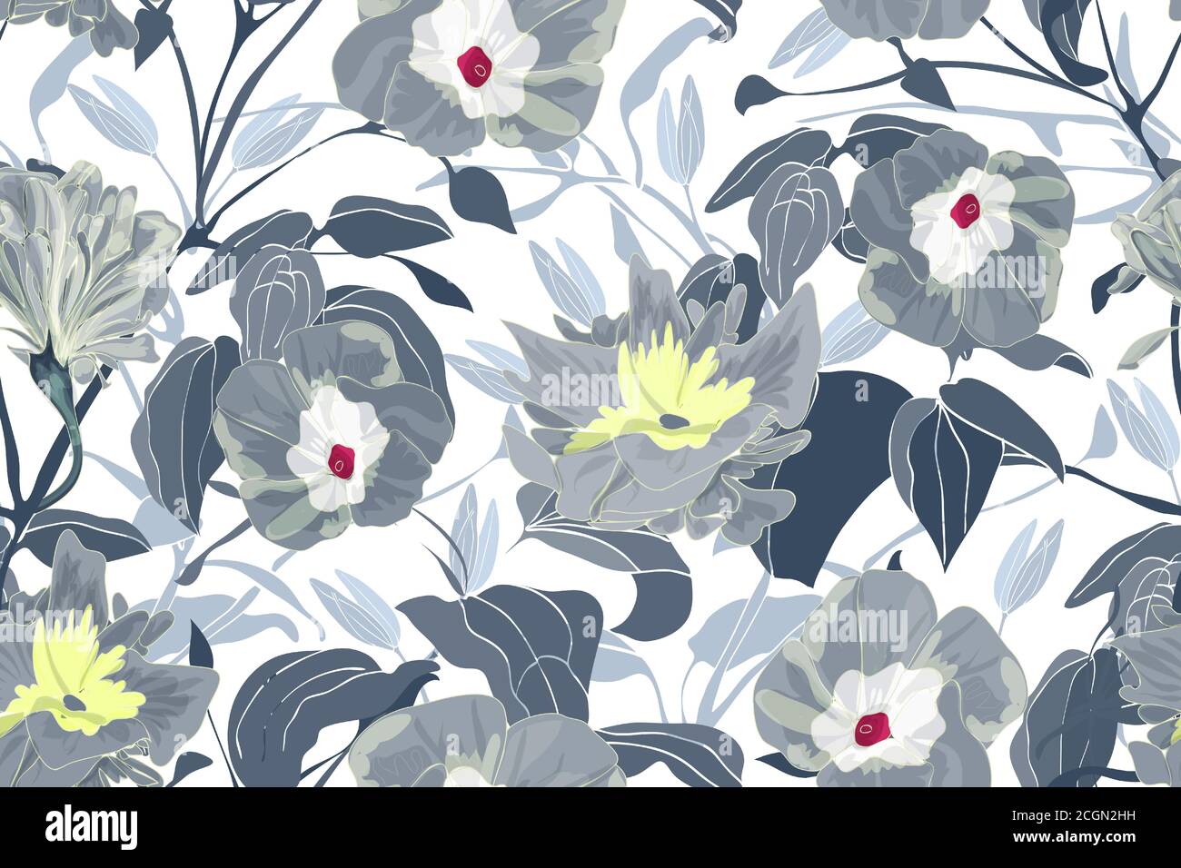 Art floral vector seamless pattern. Grey morning glory flowers. Stock Vector