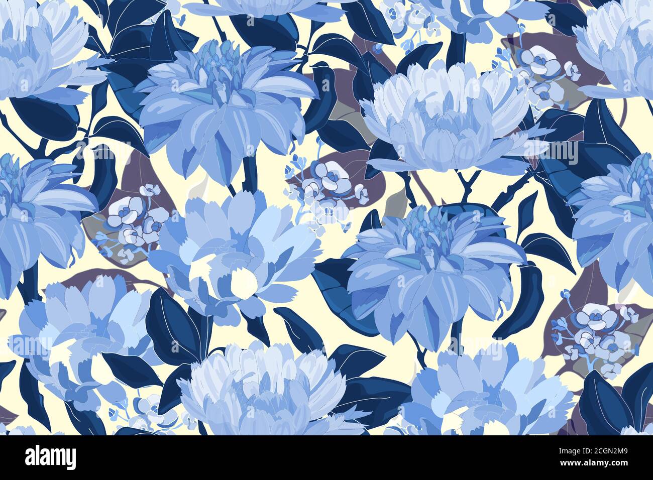 Art floral vector seamless pattern. Blue asters, dahlias, chrysanthemums. Stock Vector