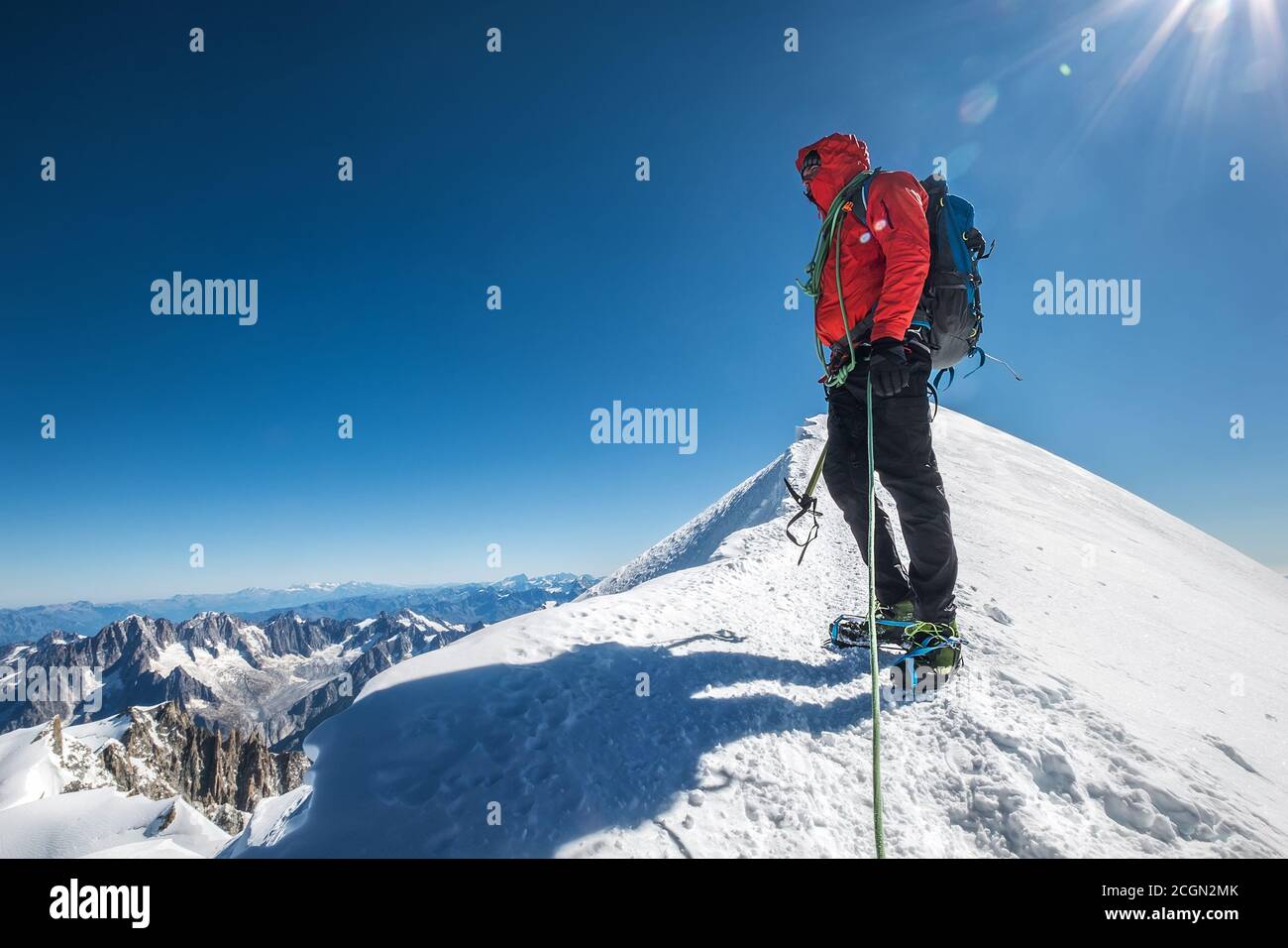Last steps before Mont Blanc (Monte Bianco) summit 4,808 m of rope team