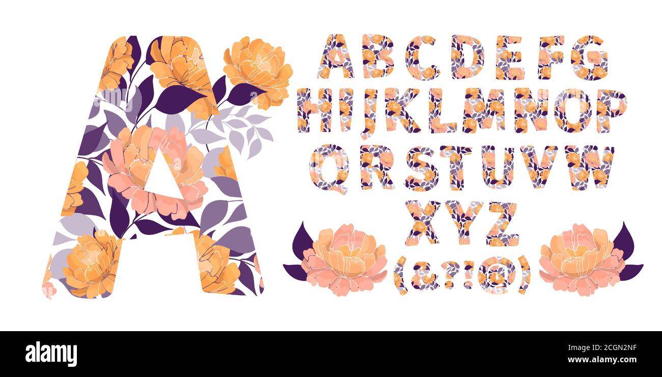 Vector floral alphabet from A to Z. Letters with flowers. Capital characters. Stock Vector