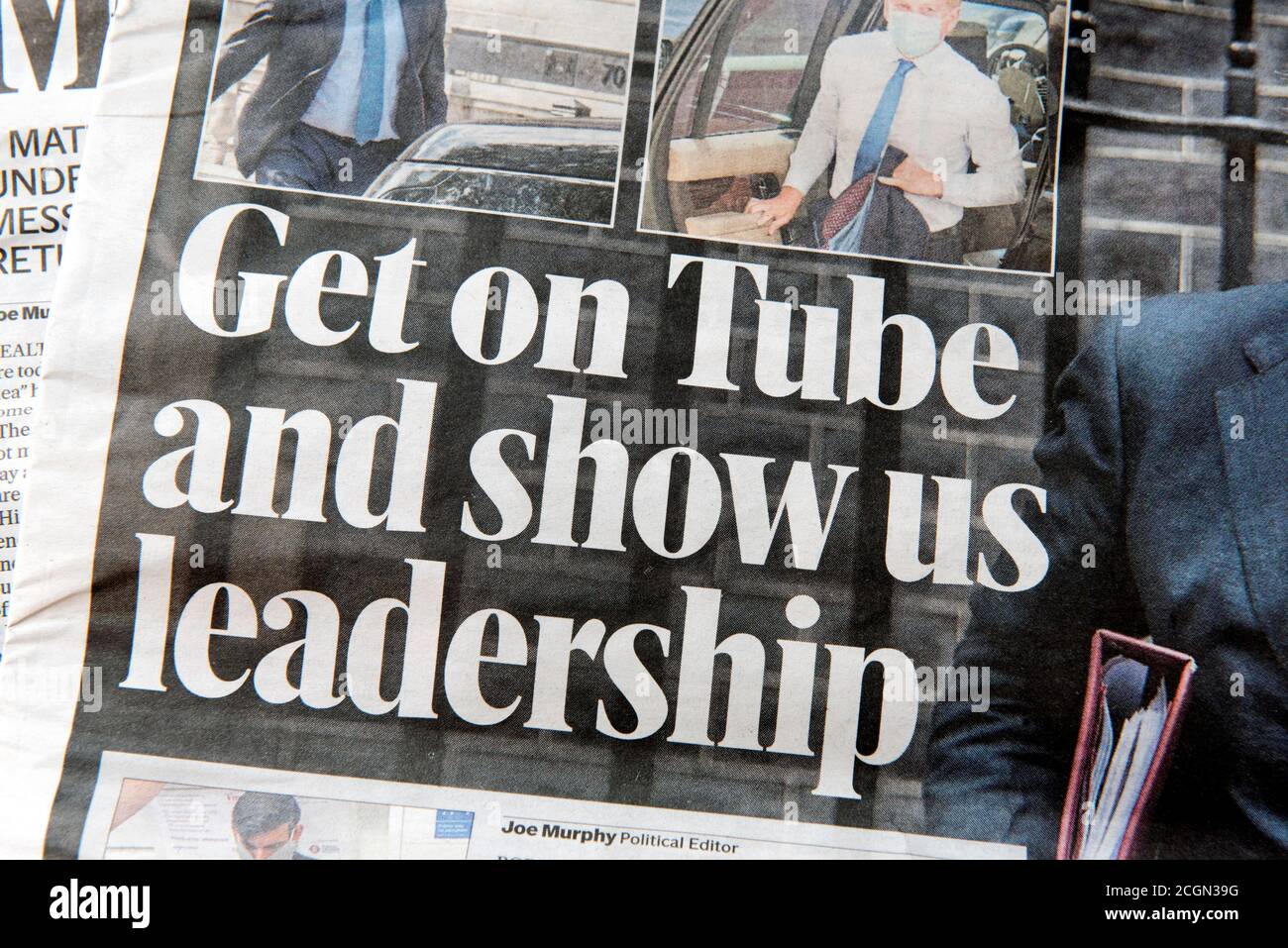 Evening Standard newspaper headline 'Get on Tube and show us leadership'. Thursday 3 September 2020.  Editorial use only. Stock Photo