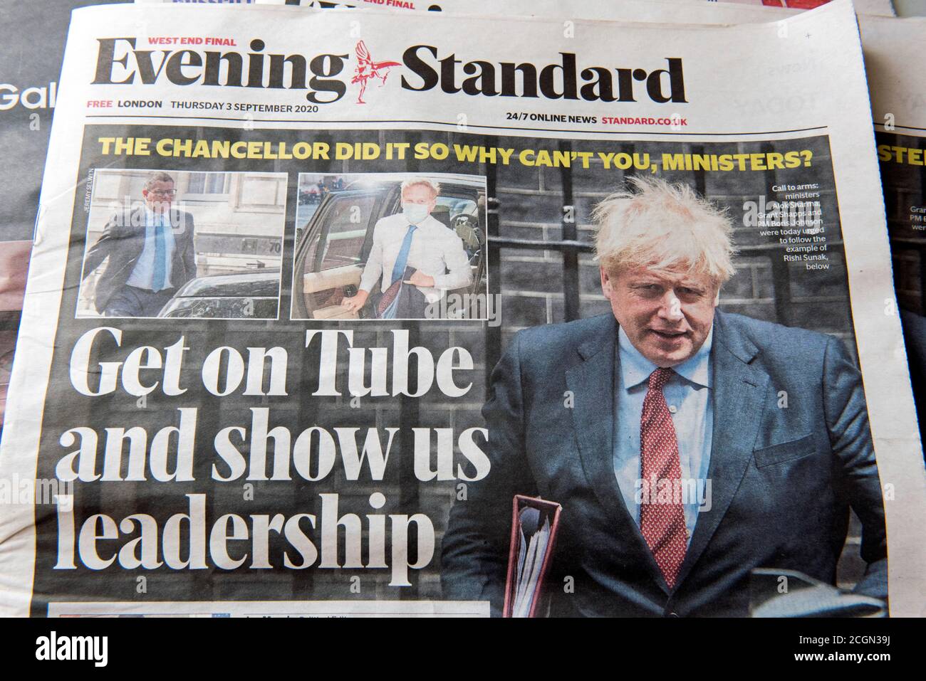 Evening Standard newspaper headline 'Get on Tube and show us leadership'. Boris. Thursday 3 September 2020.  Coronavirus Corvid19  Editorial use only. Stock Photo