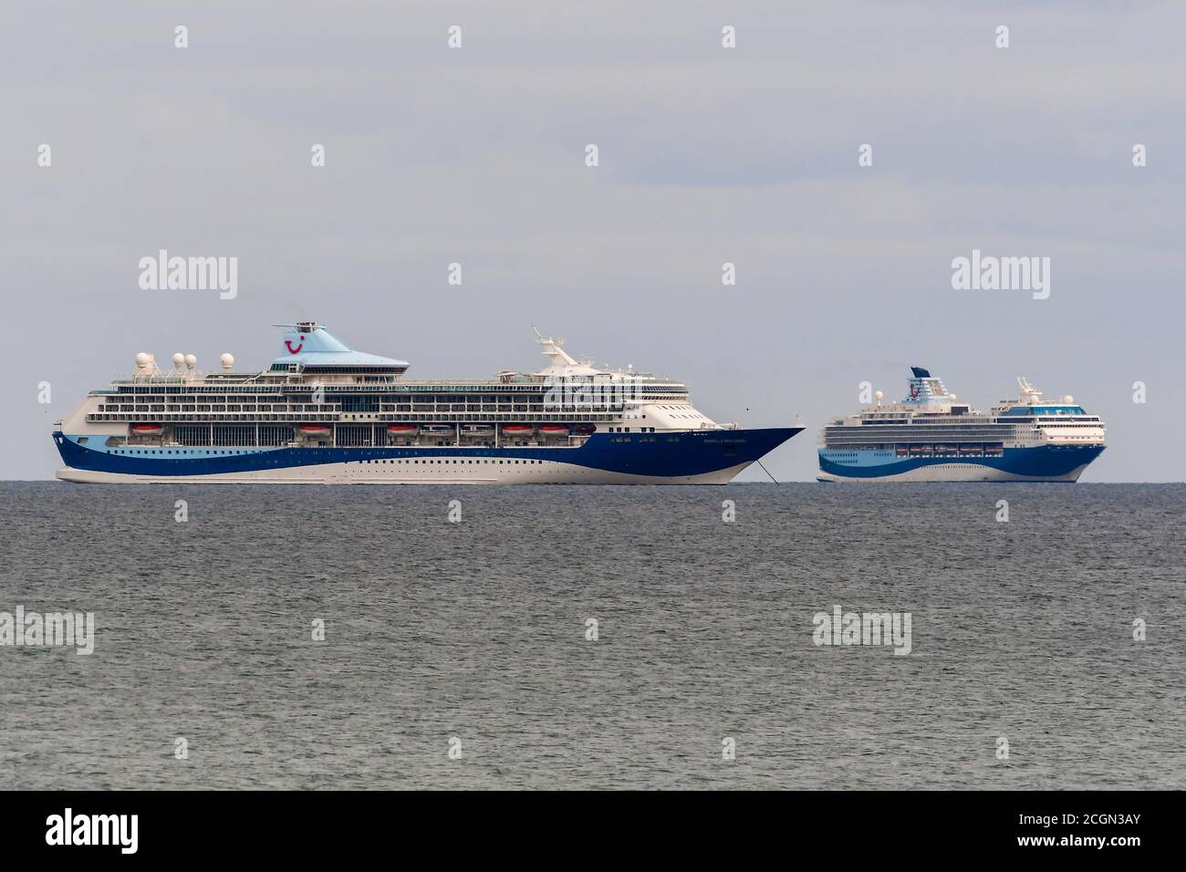 Weymouth Dorset Uk 11th September 2020 The Empty Tui Cruise Ships Marella Discovery And Marella Explorer Anchored In Weymouth Bay In Dorset During The Covid 19 Cruising Shutdown Picture Credit Graham Hunt Alamy Live