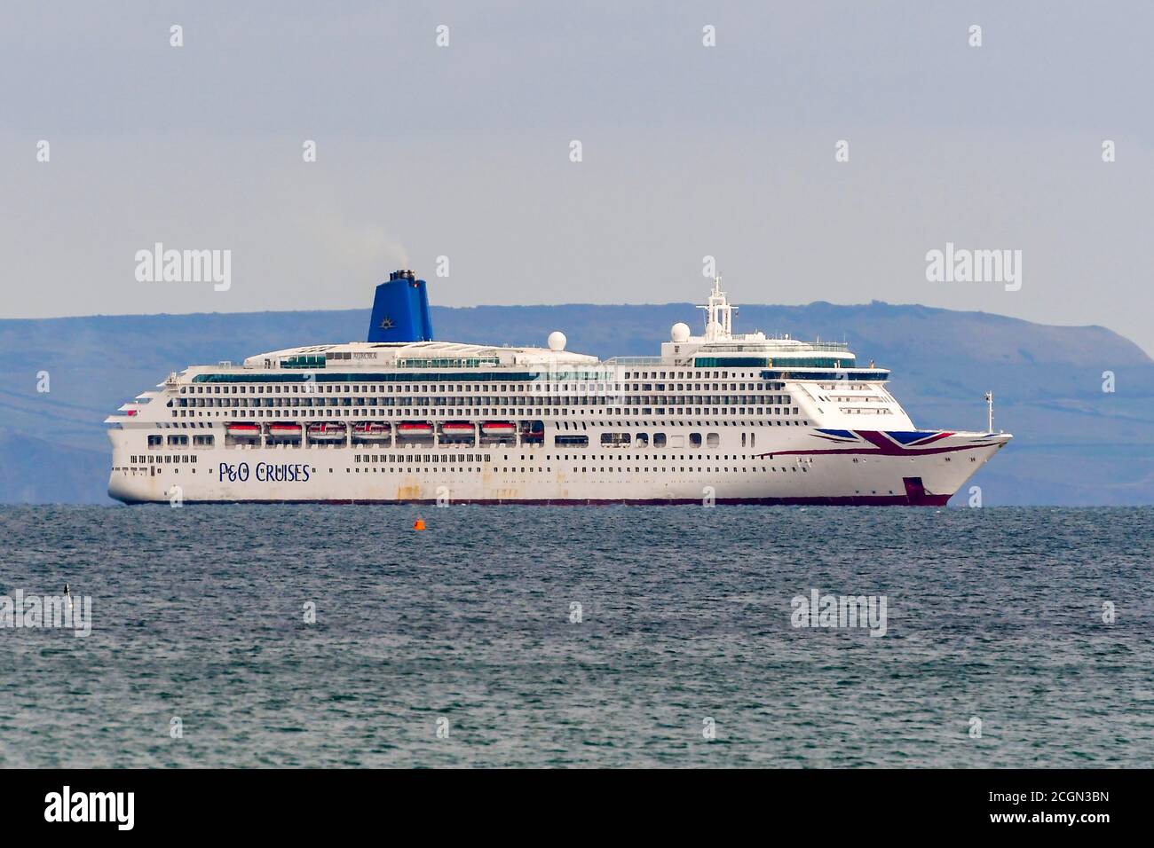 Weymouth, Dorset, UK.  11th September 2020. The empty P&O cruise ship Aurora anchored in Weymouth Bay in Dorset during the Covid-19 cruising shutdown.  Picture Credit: Graham Hunt/Alamy Live News Stock Photo