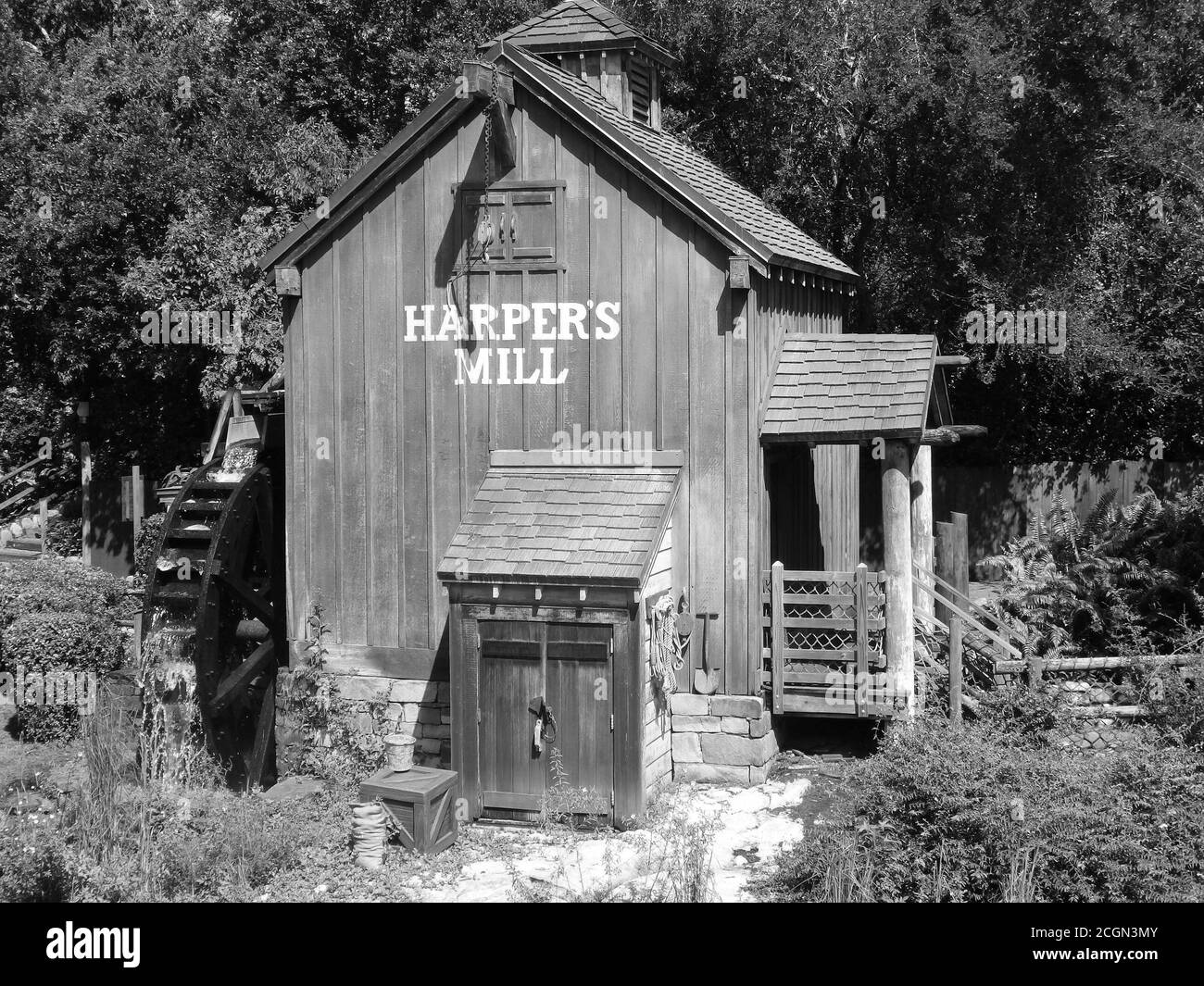 Black and white image of Harper's Mill, Walt Disney World, Orlando Florida, United States Stock Photo