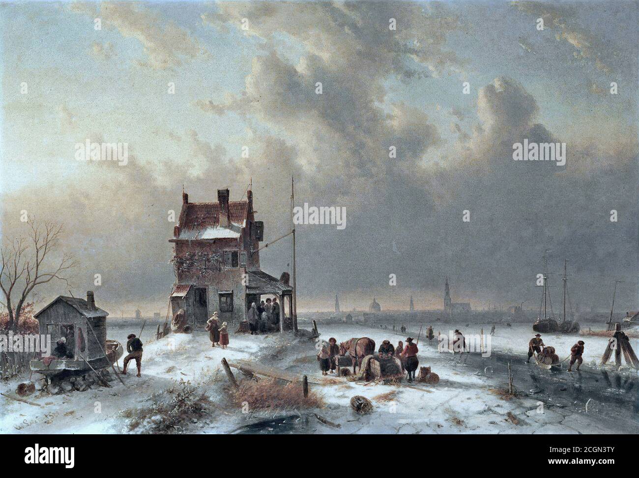 Leickert Charles Henri Joseph - Busy Townsfolk on the Ice Amsterdam in the Distance - Belgian School - 19th  Century Stock Photo